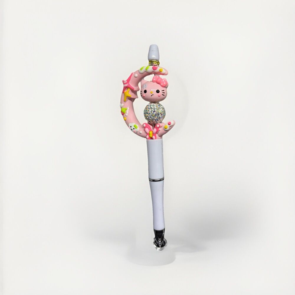 Hello Kitty Ballpoint Novelty Pen with Moon Topper & Rhinestone Bead Charm